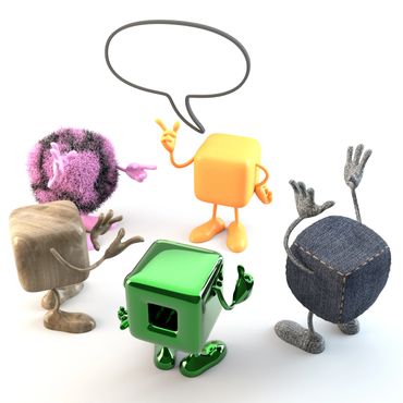 Five animated cube characters with different textures having a conversation.