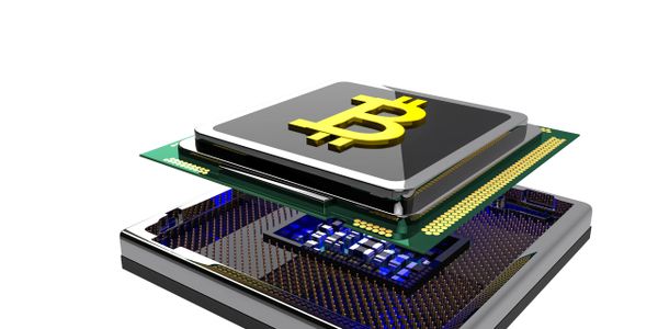 3D illustration of a computer chip with a golden Bitcoin symbol on top.