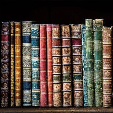A row of old, ornate leather-bound books with intricate gold detailing.