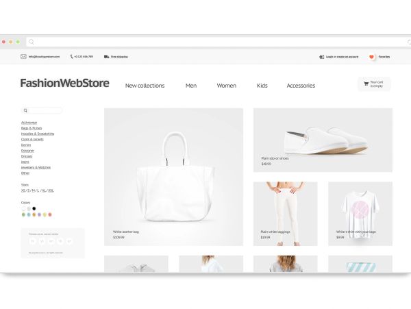 FashionWebStore homepage featuring white leather bag and white apparel.