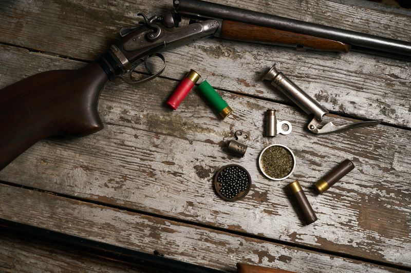 Shotgun, hunting cartridges with gunpowder and many plumbeous fractions, lead shot on wooden table background. Hunting equipment