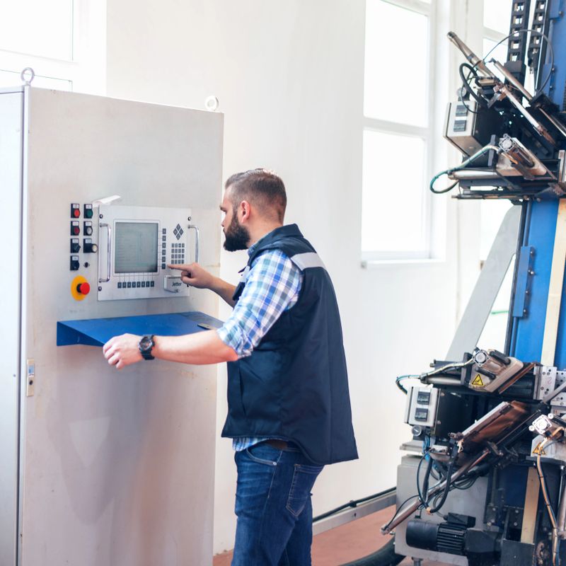 Engineer operating CNC machine control panel