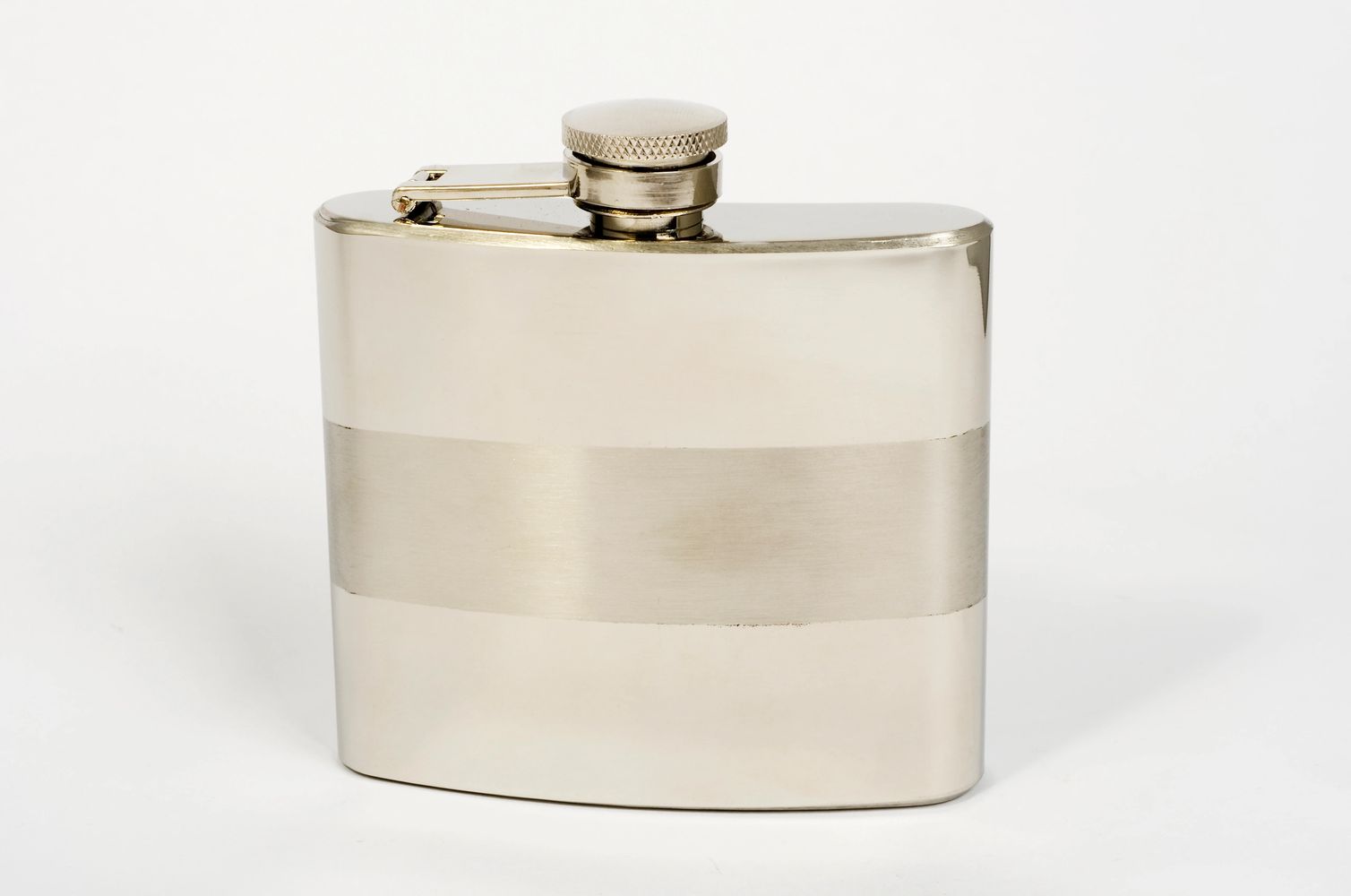 A shiny stainless steel hip flask with a screw cap.