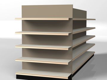 Empty store shelving unit with multiple levels for displaying products.