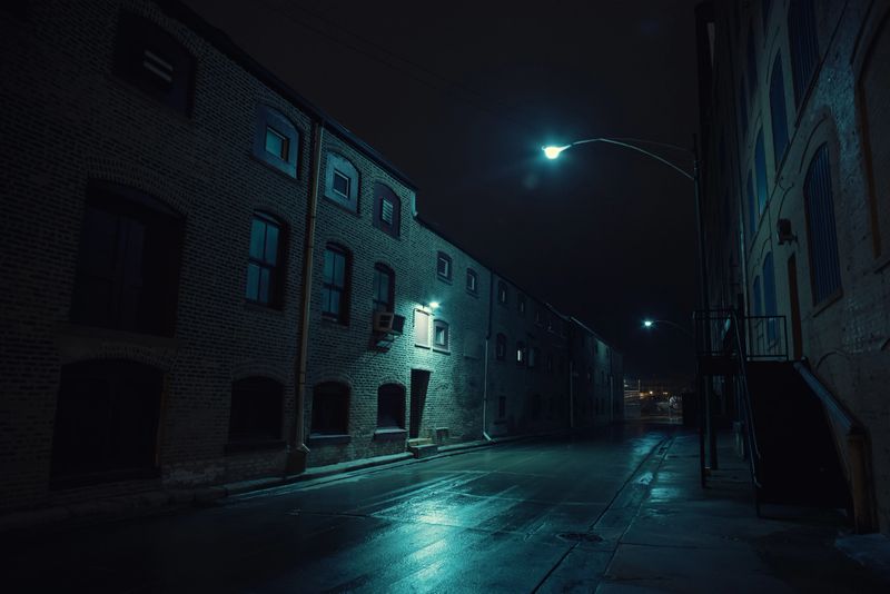 Dark urban city alley at night after a rain featuring vintage warehouses.
