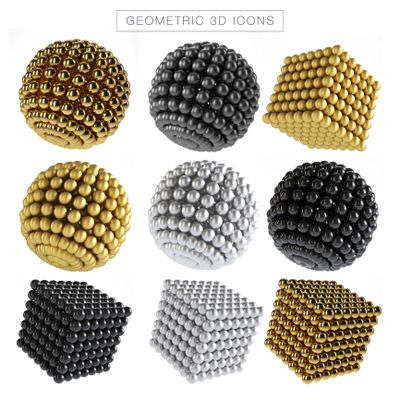 3D geometric icons made of spherical balls in gold, black, and silver colors.