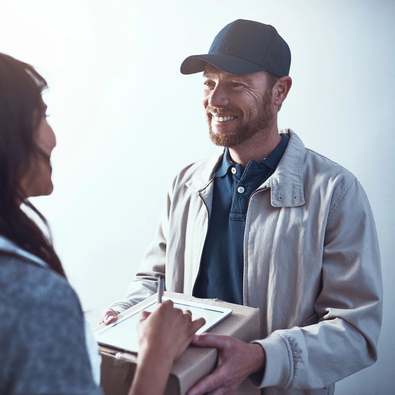 Shot of a cheerful delivery man handing over a package to a customer and letting them sign on a digital tablet inside a building