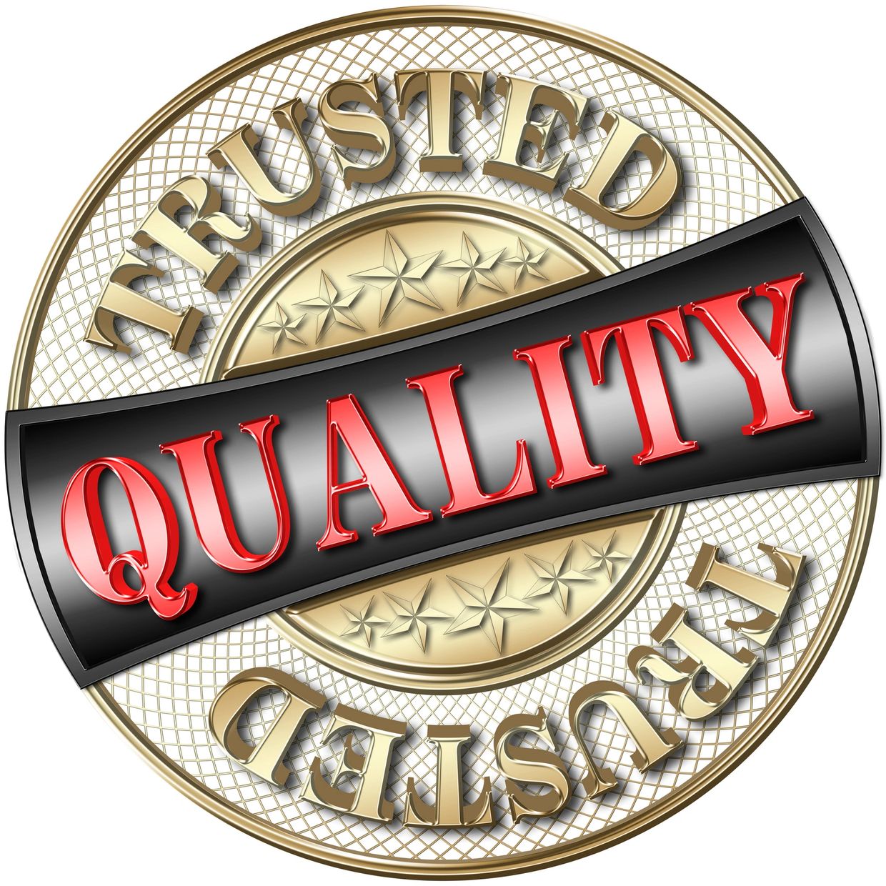 Gold and black trusted quality seal with red letters.