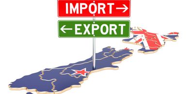 Signpost showing import and export directions between New Zealand and the UK.