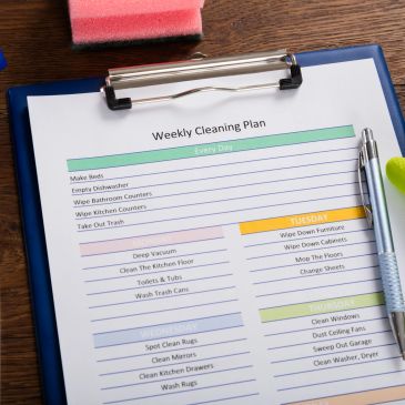 A weekly cleaning plan on a clipboard with a pen.