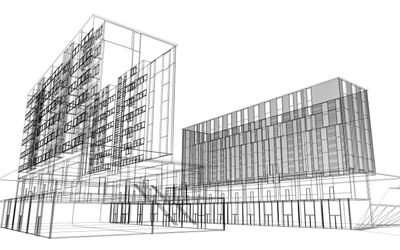 Wireframe architectural design of a modern multi-story building complex.