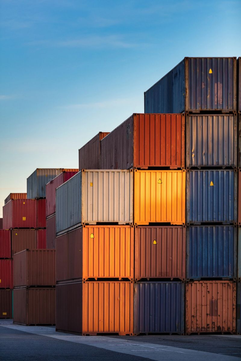 Multicolored shipping containers stacked neatly in an intermodal shipping yard in the Port of Long Beach, California.