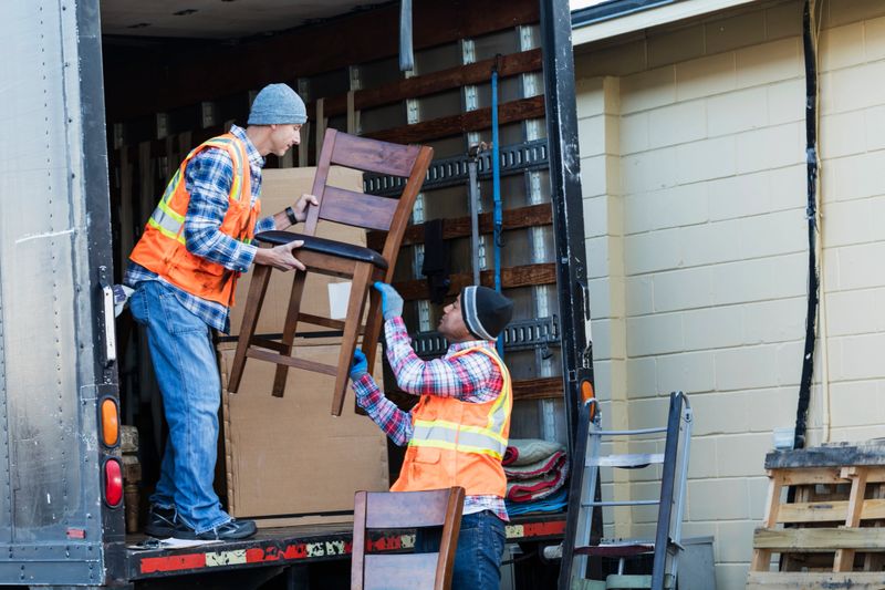 Two multi-ethnic mature workers in their 40s at the back of a truck, loading or unloading furniture. The men are wearing plaid shirts, reflective vests and jeans. They are moving merchandise for a furniture store.