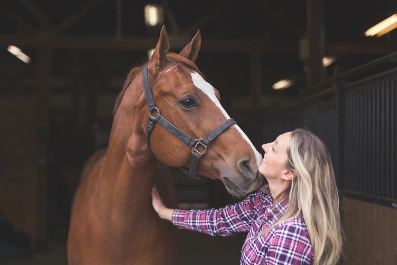 A magnificent horse stands in the barn, patiently waiting to go out. A woman is playfully patting  him while he nuzzles her affectionately.