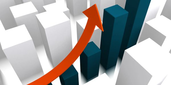 3D bar chart with rising red arrow showing growth.