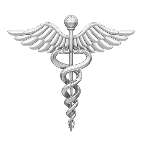 Silver caduceus symbol with two snakes and wings.