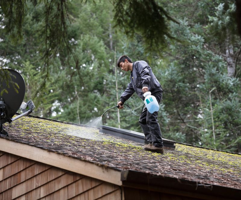 Man cleaning moss from roof with sprayer