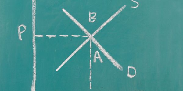A chalk-drawn supply and demand graph on a green chalkboard.