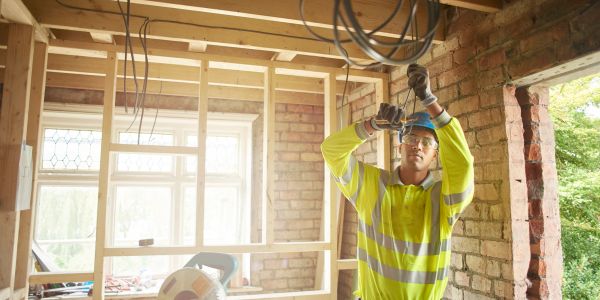 Worker installing electrical wires in a construction site.
