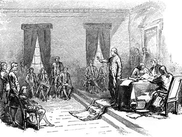 Historical illustration of a man speaking to a group in a formal setting.
