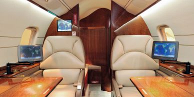 Luxurious seating inside a private jet cabin.
