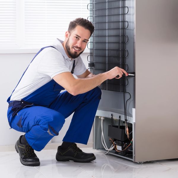 technician poses in back of refrigerator