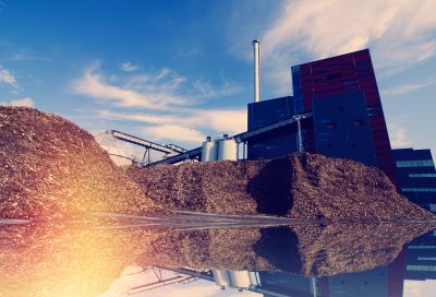 Industrial facility with large woodchip piles under blue sky.