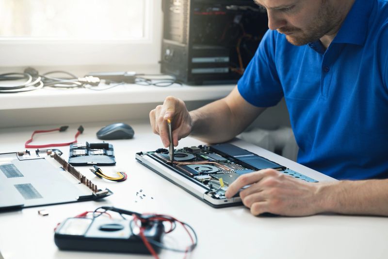 computer repair service - technician repairing broken laptop in office