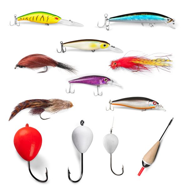 A collection of colorful fishing lures and bobbers with hooks.