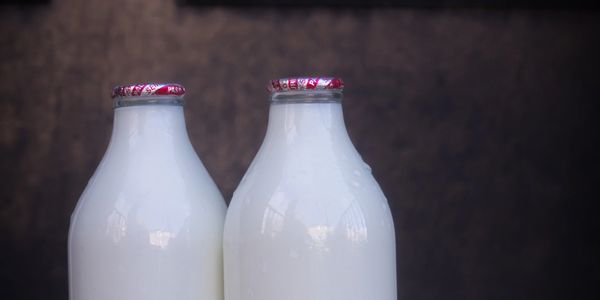 two classic glass milk bottles with silver and red caps. 