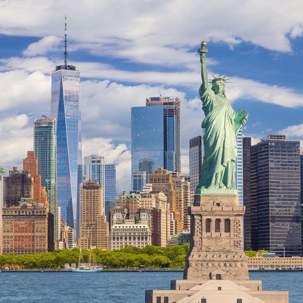 Statue of Liberty with New York City skyline used for major conventions and events.