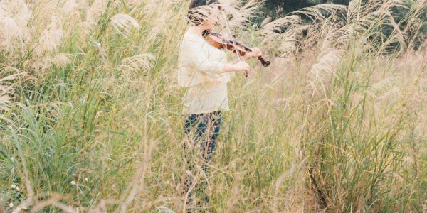 Person playing violin in tall grass field.