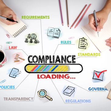 Compliance loading with key elements like law, rules, and standards illustrated around.