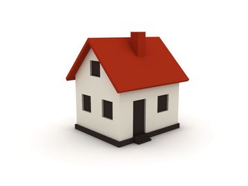 3D model of a house with a red roof and white walls.