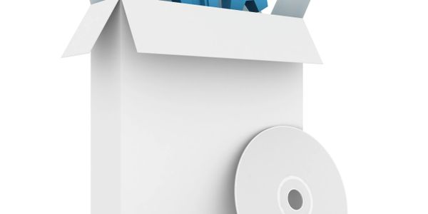 White box with blue gears and a blank CD in front.