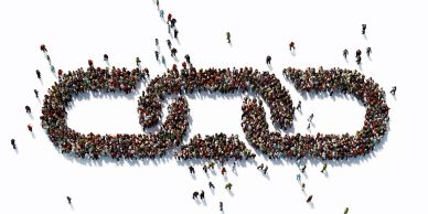 People forming a chain link symbol.