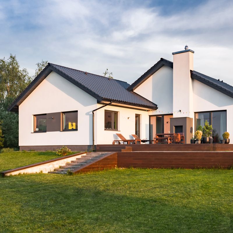 Exterior view of modern family house with patio