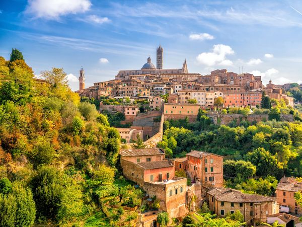 Panoramic view of a historic hillside town with old buildings and lush greenery.