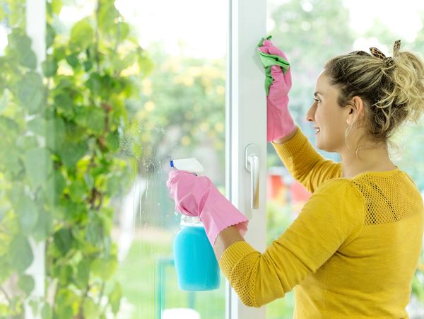Professional cleaning woman window washing a large glass patio door.