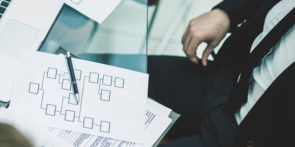 Businessman reviewing a flowchart on paper with a pen.