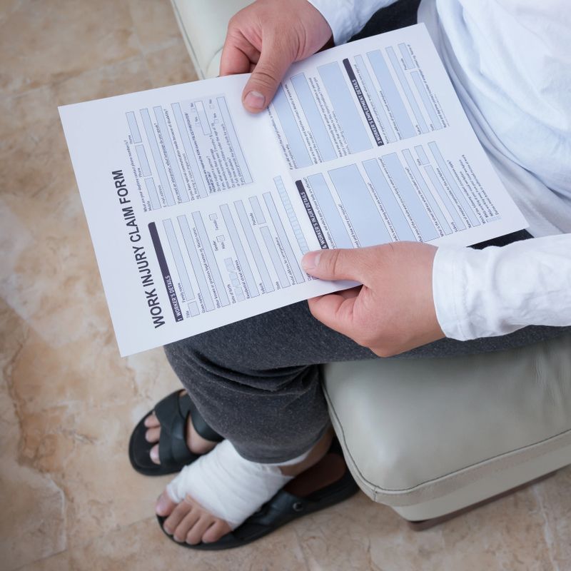 man with a wrapped foot sitting on sofa reading the work injury claim form