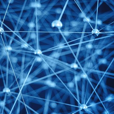 Blue network of interconnected nodes and lines representing data or neural connections.
