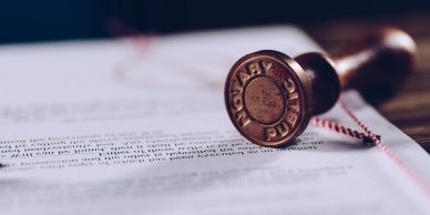 Close-up of a document with a seal stamp.