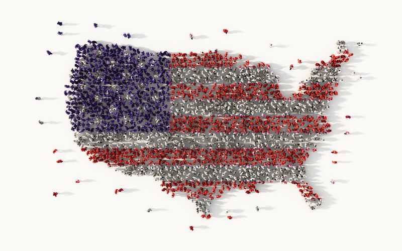 Large group of people forming The United States of America, social media concept. 3d illustration