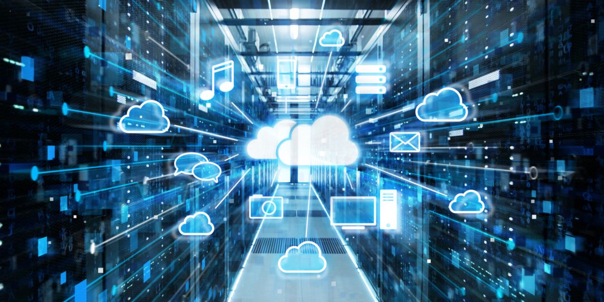Digital cloud icons over a data center corridor.
