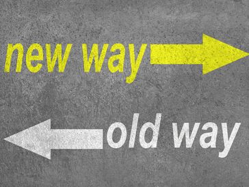 Yellow arrow labeled 'new way' points right; white arrow labeled 'old way' points left on concrete.