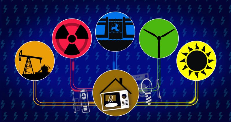 Electricity production and energy consumption concept. Symbols of energy source with icon of solar, wind, hydroelectric, nuclear and fossil fuels technology.
