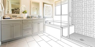 A bathroom blending real and sketched design elements with neutral tones.