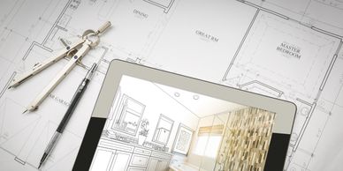 Tablet showing a bathroom design over architectural floor plans with drawing tools.