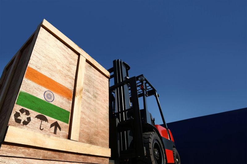 Forklift truck with boxes on pallet. Import export cargo concept.